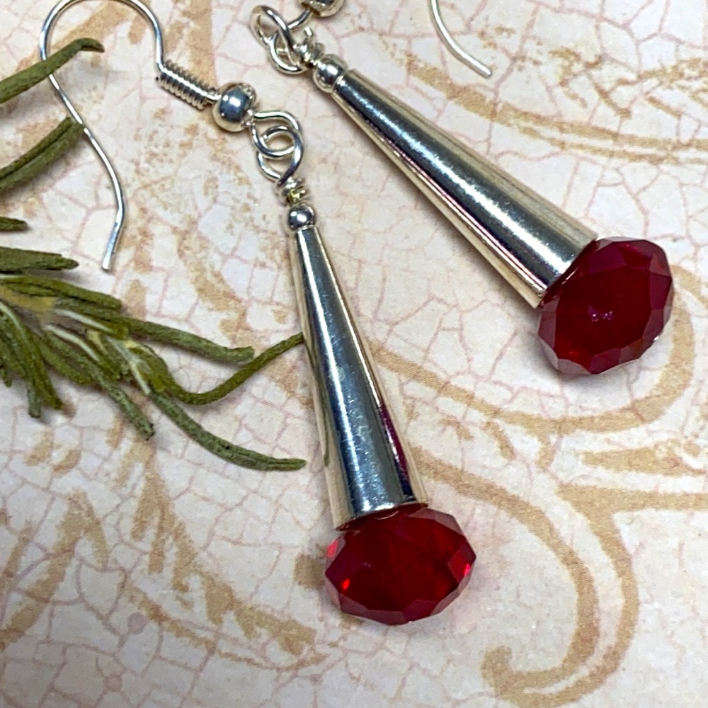 NEW NWOT. Simple cherry red & silver earrings silver tone smooth 2” long